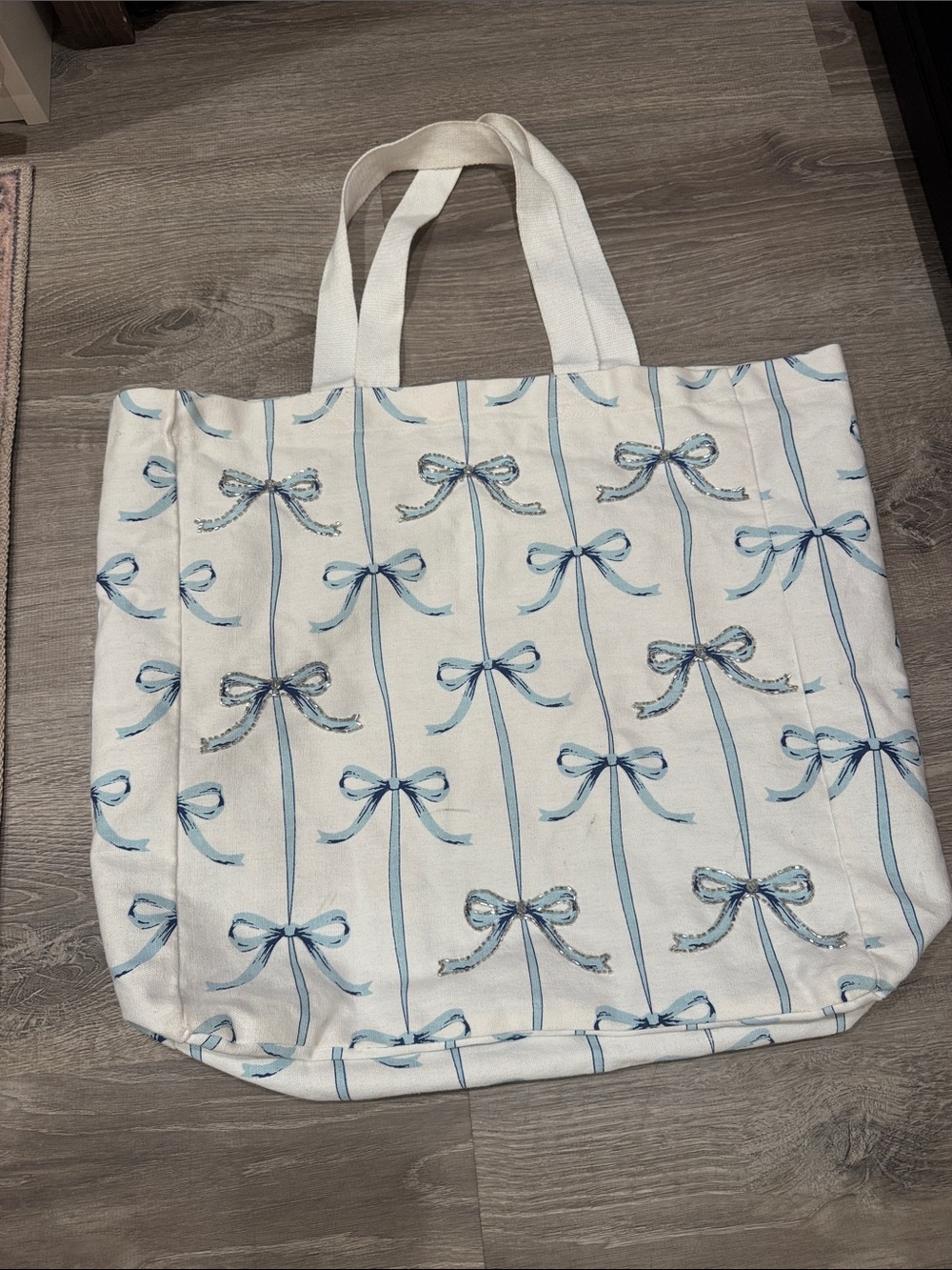LoveShackFancy White Tote with Blue Ribbon Bow Print
